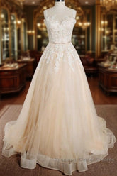 Elegant Long A-line Appliques Lace Tulle Wedding Dresses